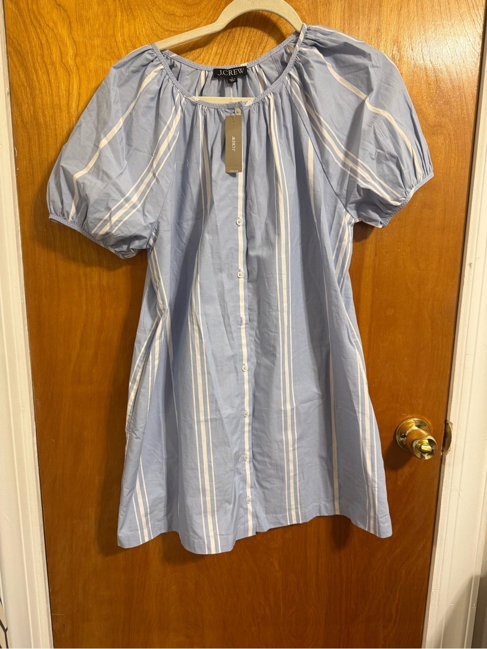 J. Crew Light Blue and White Striped Puff Sleeve Dress